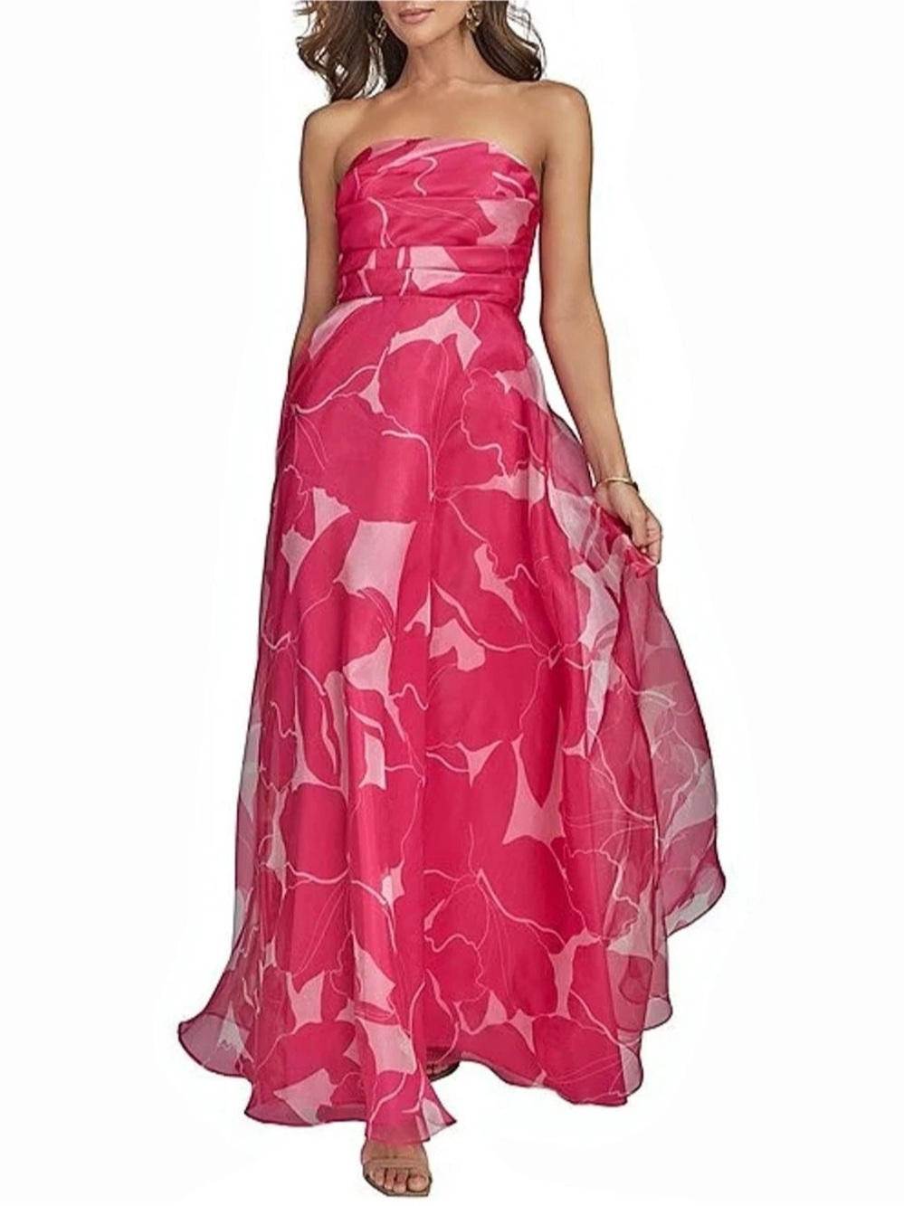 Donna Karan Organza Strapless Floral Pleated Gown Pink Maxi Dress